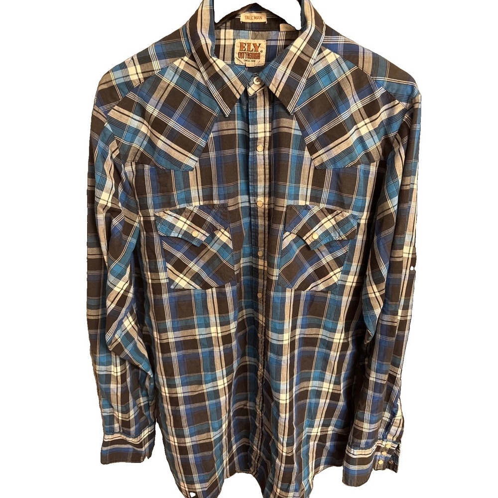 Ely Cattleman Tall Man Western Pearl Snap Shirt Mens LT Blue Black Plaid Yoke